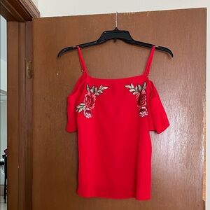 BCX Red Cold Shoulder Top with Floral Embroidery